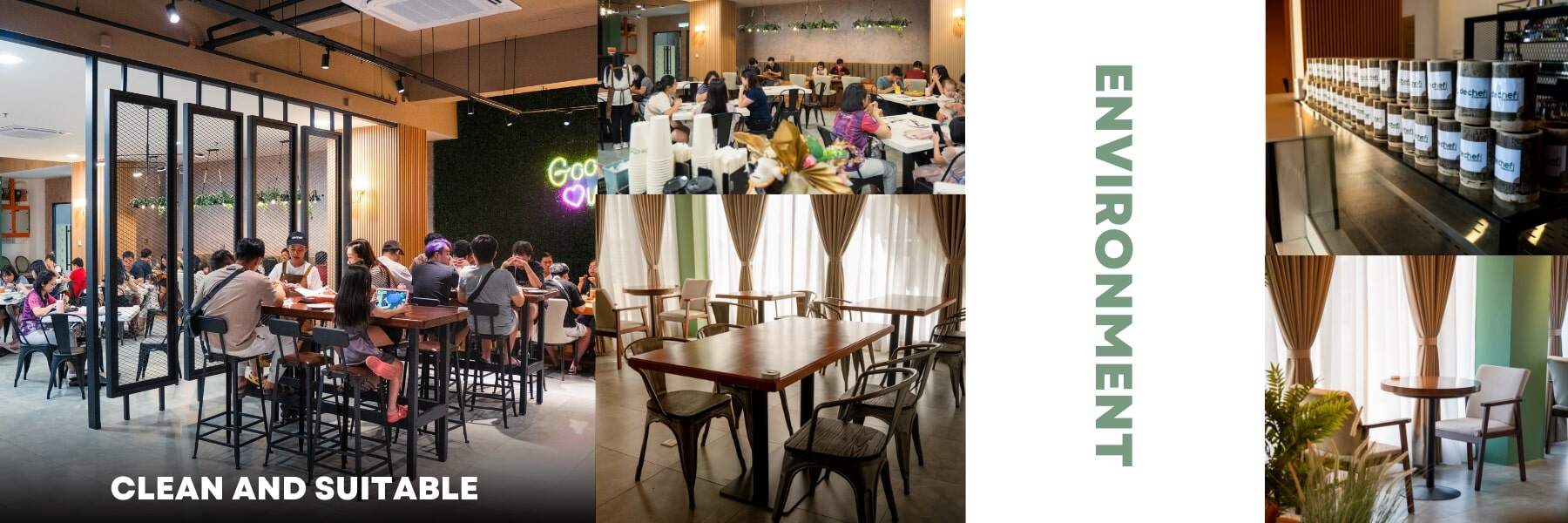 Inside de.chef dining: bright tables set for a group